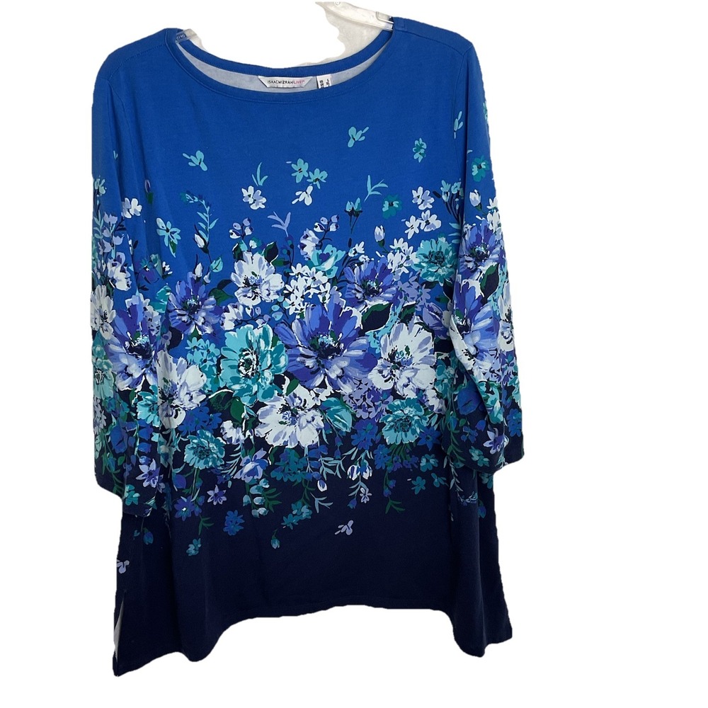 Isaac Mizarahi Live Sz‎ Large Blue Floral Tunic Blouse Cotton Poly Stretch Top